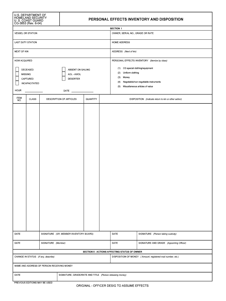 Fillable Online uscg CG3853.PDF. Personal Effects Inventory And Disposition Fax Email Print
