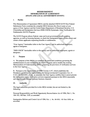 Army memorandum of agreement - SAVE MOA (State and Local Government Entity). Reimbursement Memorandum Agreement - uscis