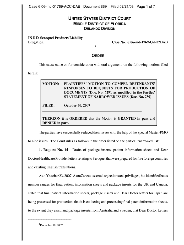 Order compelling AstraZeneca to produce regulatory and marketing - flmd uscourts Preview on Page 1