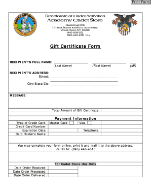 Gift Certificate Form - usma