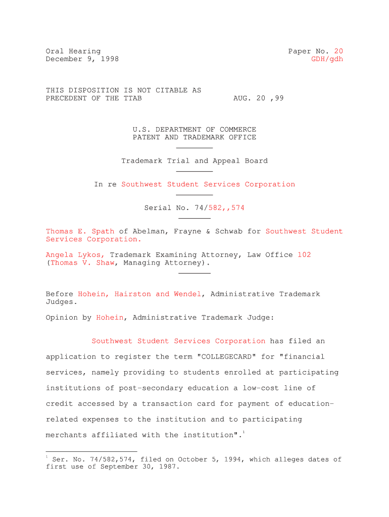 20 GDH gdh THIS DISPOSITION IS NOT CITABLE AS PRECEDENT OF THE TTAB AUG - uspto Preview on Page 1