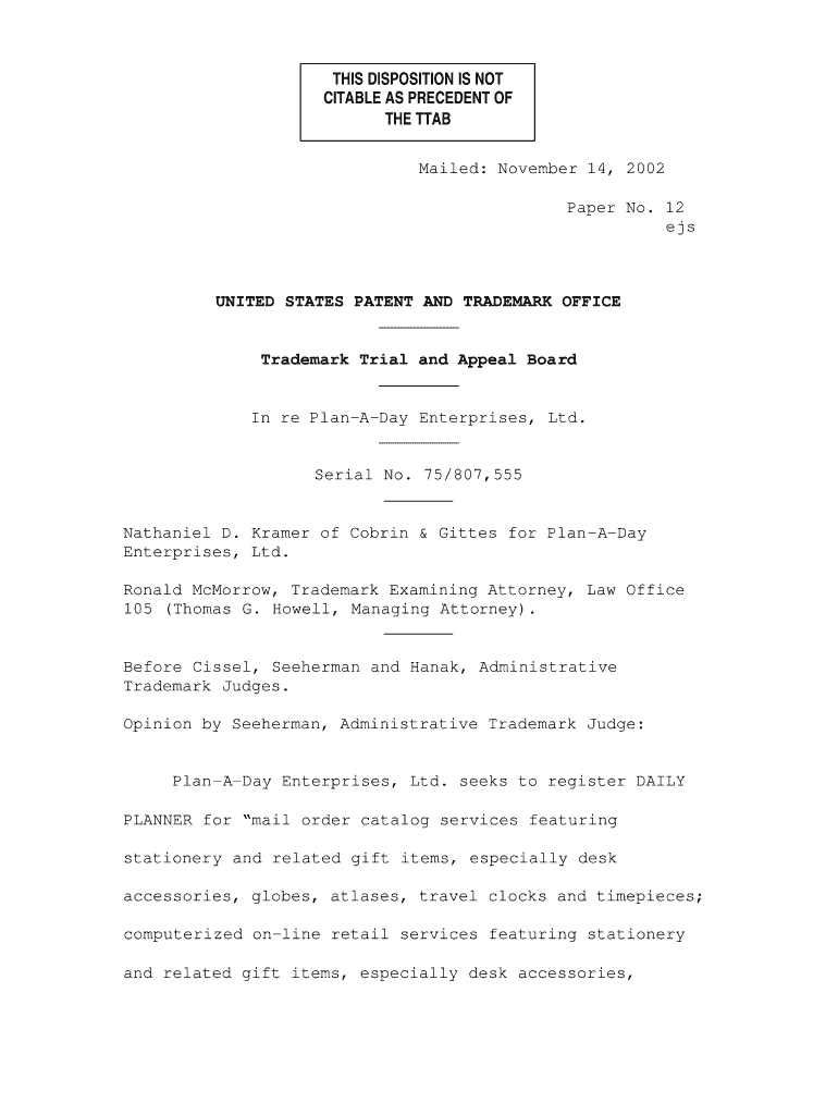 THIS DISPOSITION IS NOT CITABLE AS PRECEDENT OF THE TTAB Mailed: November 14, 2002 Paper No - uspto Preview on Page 1