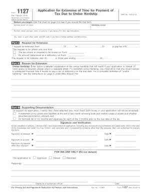 Form 1127 Application for Extension of Time for Payment of Tax Due to Undue Hardship