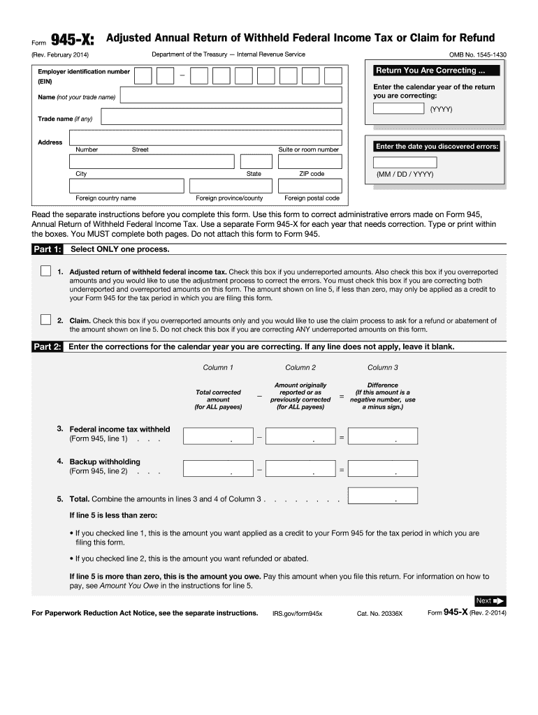 Form 945-X (Rev February 2014) Adjusted Annual Return of Withheld Federal Income Tax or Claim for Re Preview on Page 1