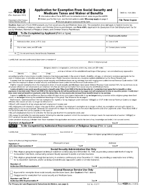 IRS Form 4029 Application for Exemption From Social Security and Medicare Taxes