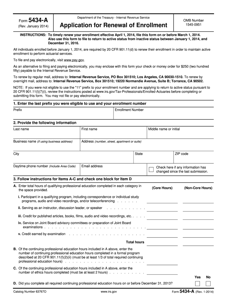 Form 5434-A (rev 1-2014) Application for Renewal of Enrollment - irs ustreas Preview on Page 1