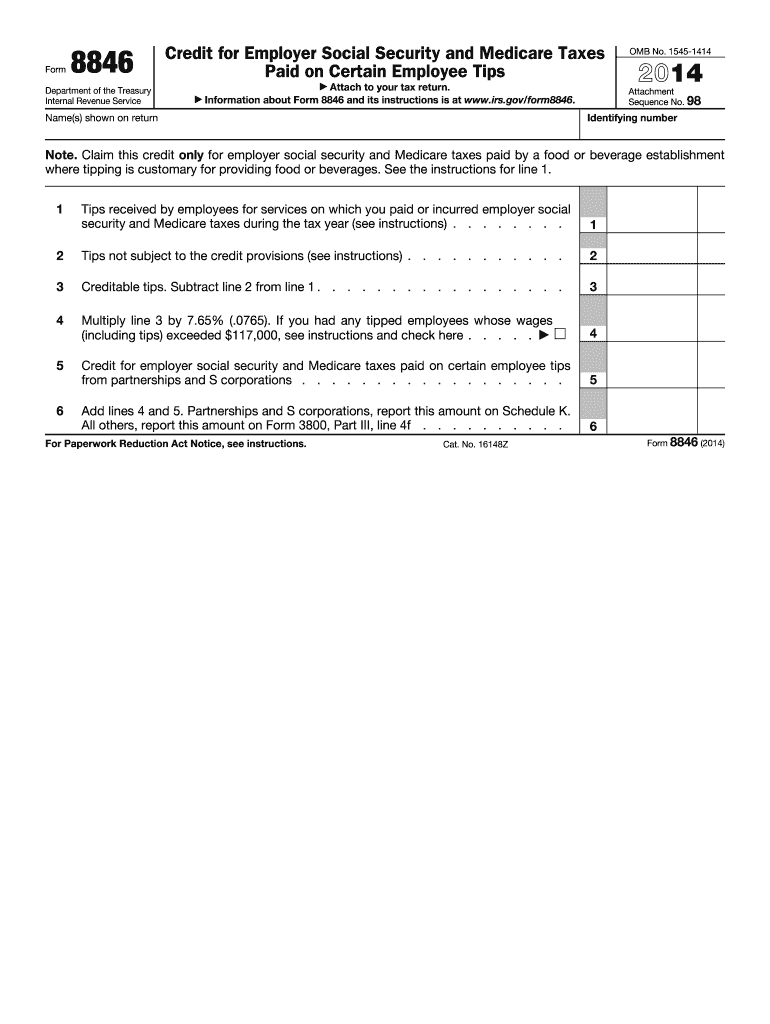 2014 Form 8846 Credit for Employer Social Security and Medicare Taxes Paid on Certain Employee Tips  Preview on Page 1