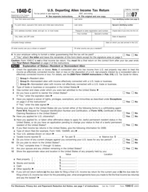 US Departing Alien Income Tax Return Form 1040-C