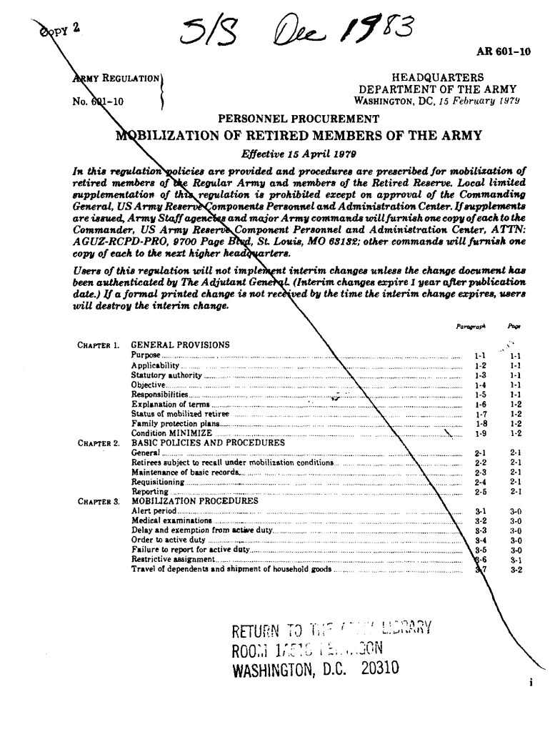 AR 601-10 EMY REGULATION HEADQUARTERS DEPARTMENT OF THE ARMY WASHINGTON, DC, 15 February 197 - whs Preview on Page 1