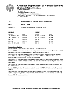 us Telephone (501) 682-8292 TDD (501) 682-6789 or 1-877-708-8191 FAX (501) 682-1197 TO: DATE: SUBJECT: Arkansas Medicaid Podiatrist Health Care Providers August 1, 2004 Provider Manual Update Transmittal No - sos arkansas