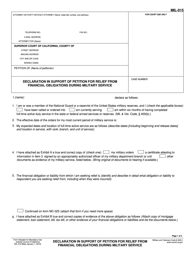 MIL-015 Declaration In Support Of Petition For Relief From Financial - courts ca Preview on Page 1