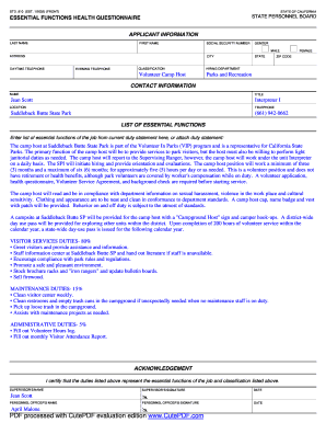 California Essential Functions Health Questionnaire