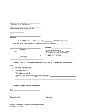 Idaho Small Claim Judgment Appeal Notice