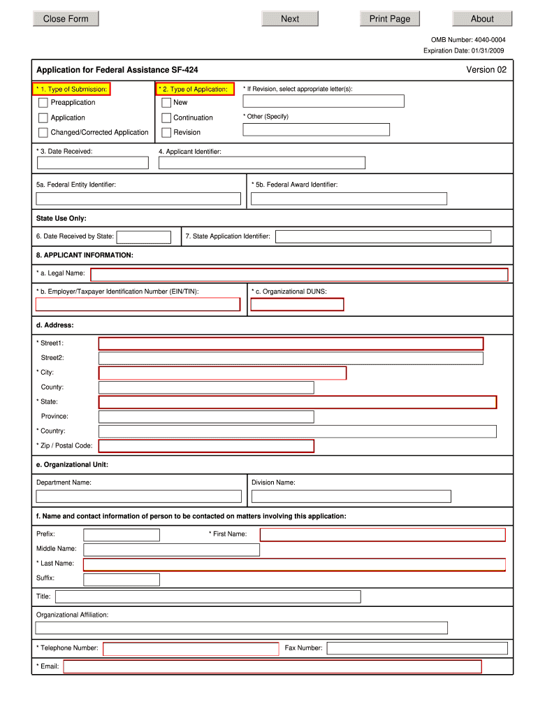 Sf424 fillable 2005 form Preview on Page 1