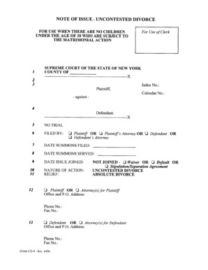 Note of Issue - Uncontested Divorce