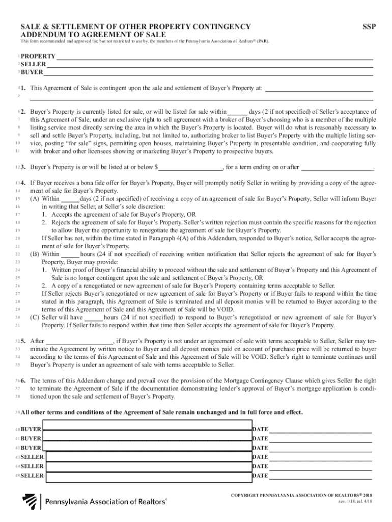 Sale and Settlement of Other Property Contingency Addendum Preview on Page 1