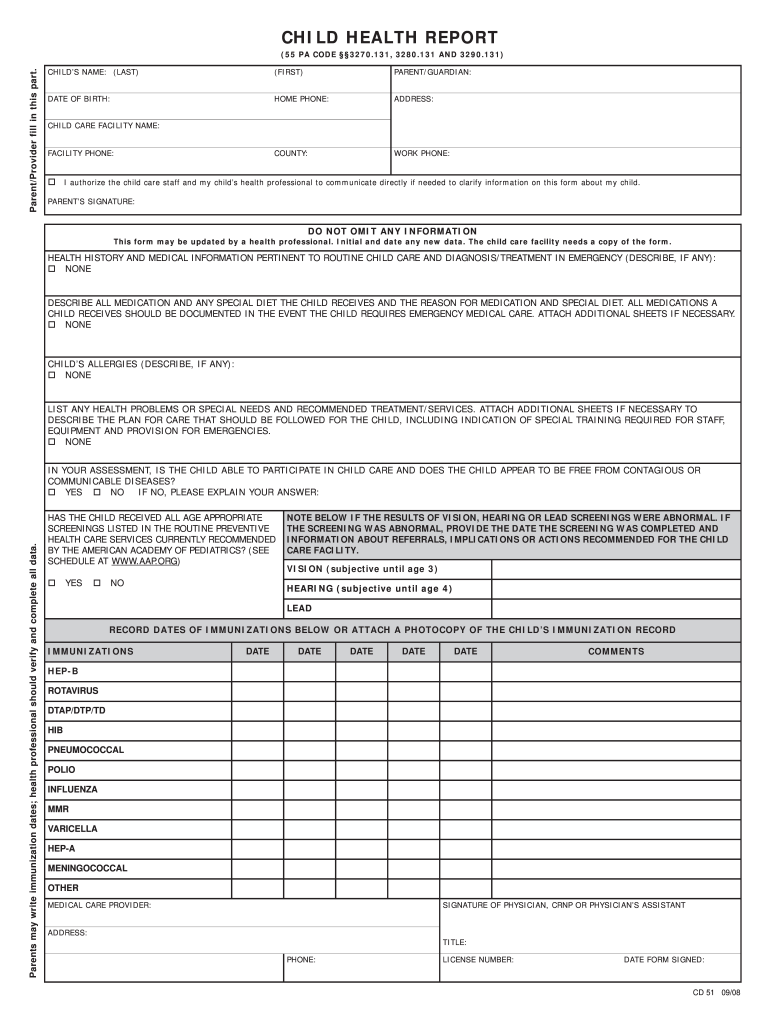 Pa Child Health Report Fill Online Printable Fillable Blank 