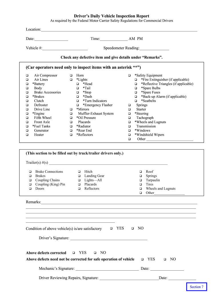 Printable Driver Vehicle Inspection Report Form - Fill Online For Vehicle Inspection Report Template