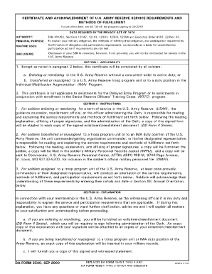 US Army Reserve Service Requirements Certificate