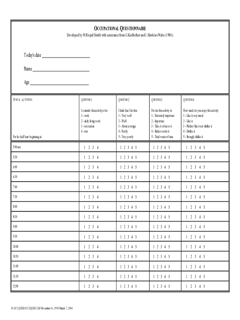 occupational questionnaire Preview on Page 1