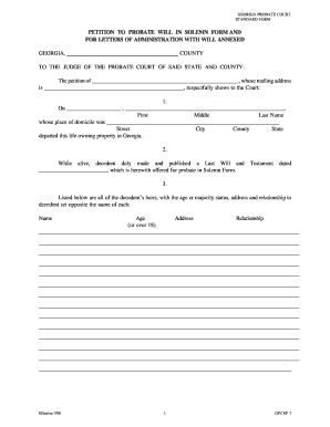 Petition to Probate Will in Solemn Form and for Letters of Administration With Will Annexed
