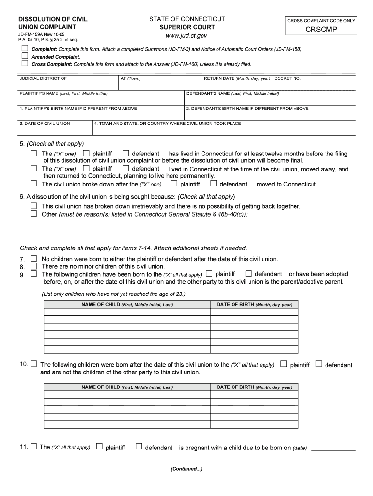 Dissolution of Civil Union Complaint (JD-FM-159A - Connecticut ... - jud ct Preview on Page 1