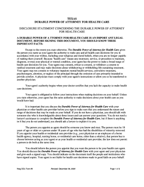 Texas Durable Power of Attorney for Health Care
