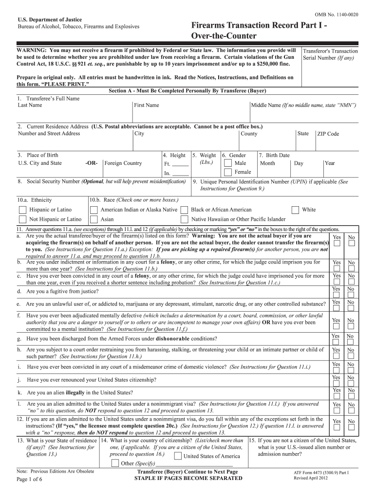 ATF Form 4473: Firearms Transaction Record Part I - Over-the-Counter |  DocHub