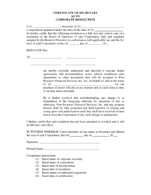 Certificate of Secretary for Corporate Resolution
