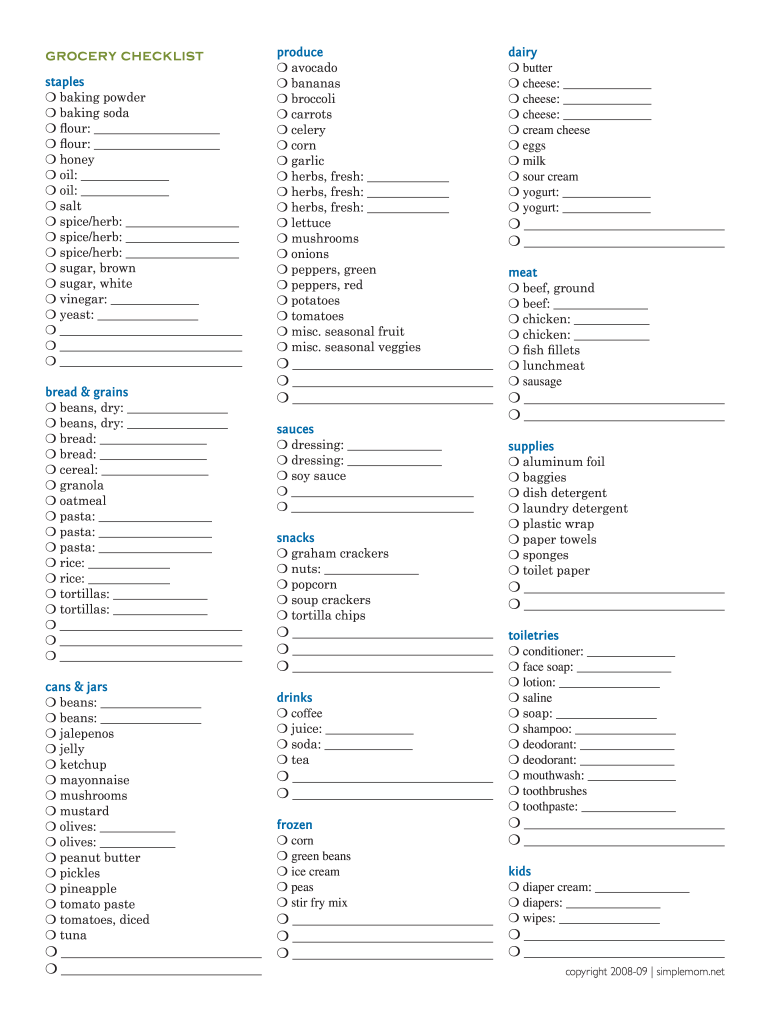Grocery List Template Editable Fill Online Printable Fillable 