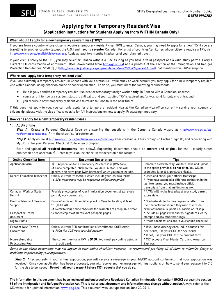 2014 Form Canada SFU Application For A Temporary Resident Visa Fill Online Printable Fillable