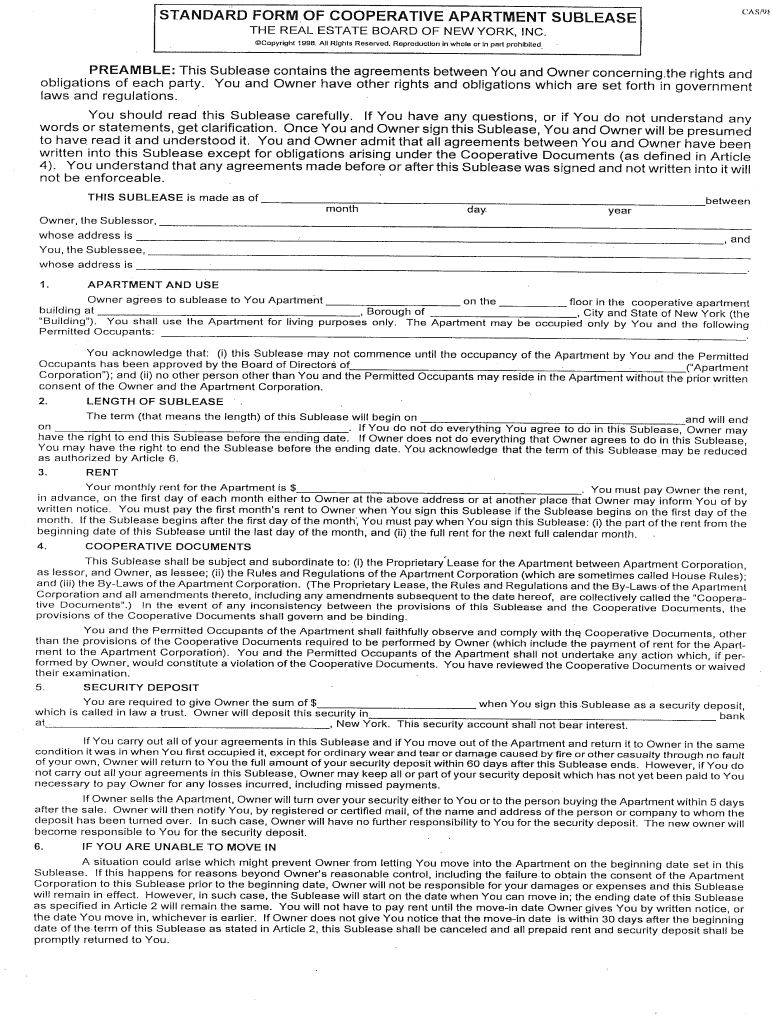 standard form of cooperative apartment sublease Preview on Page 1.