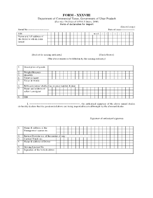 Uttar Pradesh Import Declaration Form XXXVIII