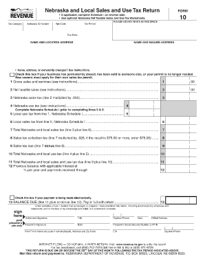 Nebraska and Local Sales and Use Tax Return, Form 10 - revenue ne