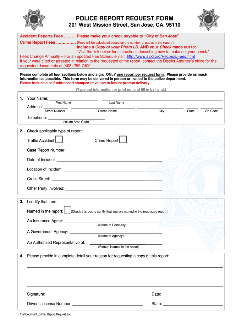 CA Police Report Request Form San Jose Fill And Sign Printable