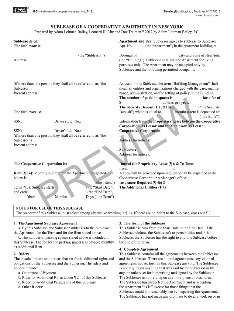 sublease cooperative apartment blumberg form Preview on Page 1.