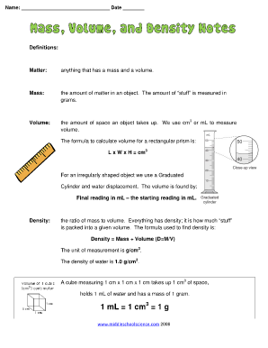 Science Worksheet on Matter, Mass, Volume, and Density
