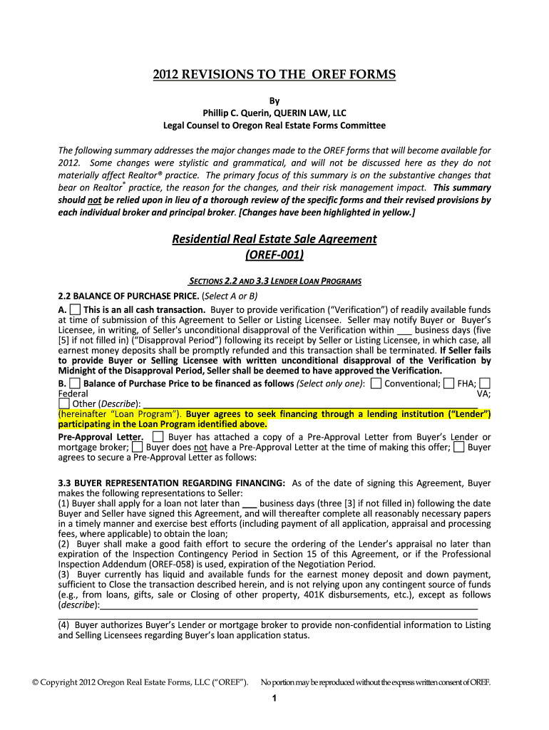 Fillable Online 2012 Revisions to the OREF Forms Oregon Real Estate