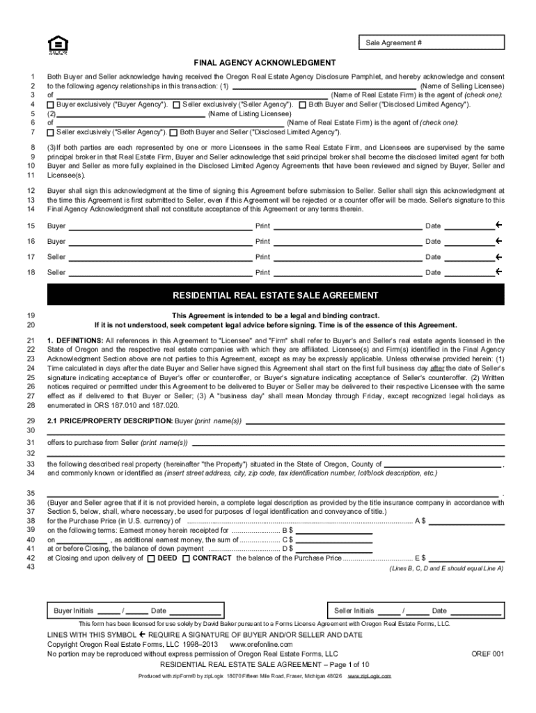 The OREF Residential Real Estate Sale Agreement - Oregon Real Preview on Page 1