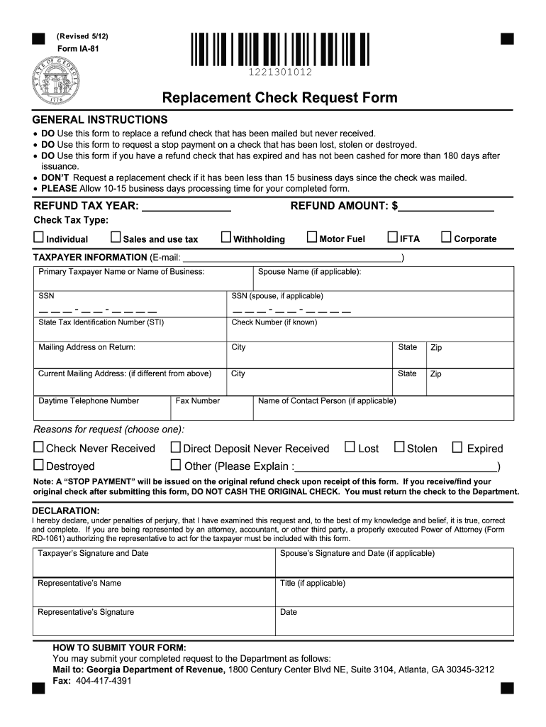 Replacement Check Request Form - Georgia Department of Revenue - etax dor ga Preview on Page 1