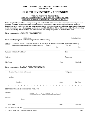 Maryland Child Lead Screening Form