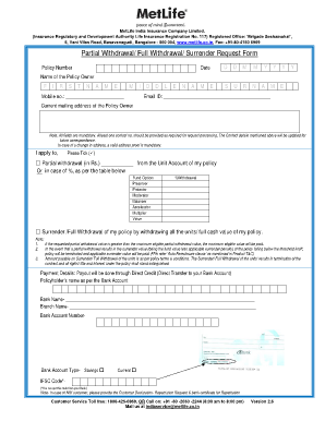 MetLife India Insurance Policy Withdrawal Form