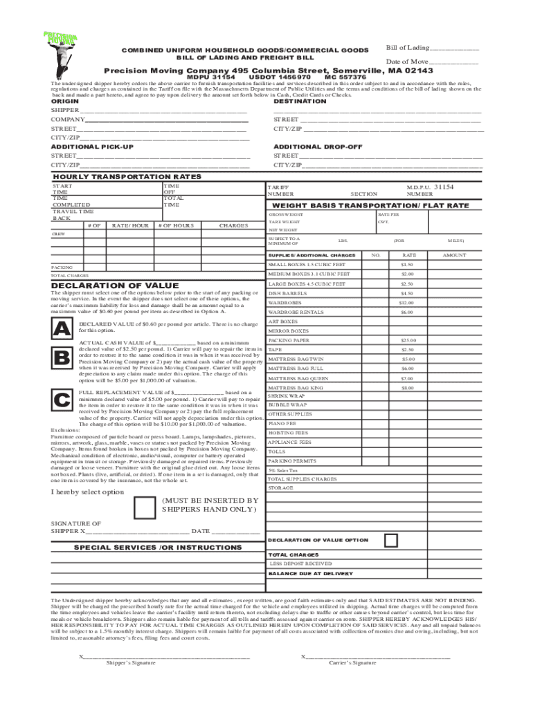 Moving Company Bill Of Lading Template - Fill Online, Printable Pertaining To Moving Company Invoice Template Free