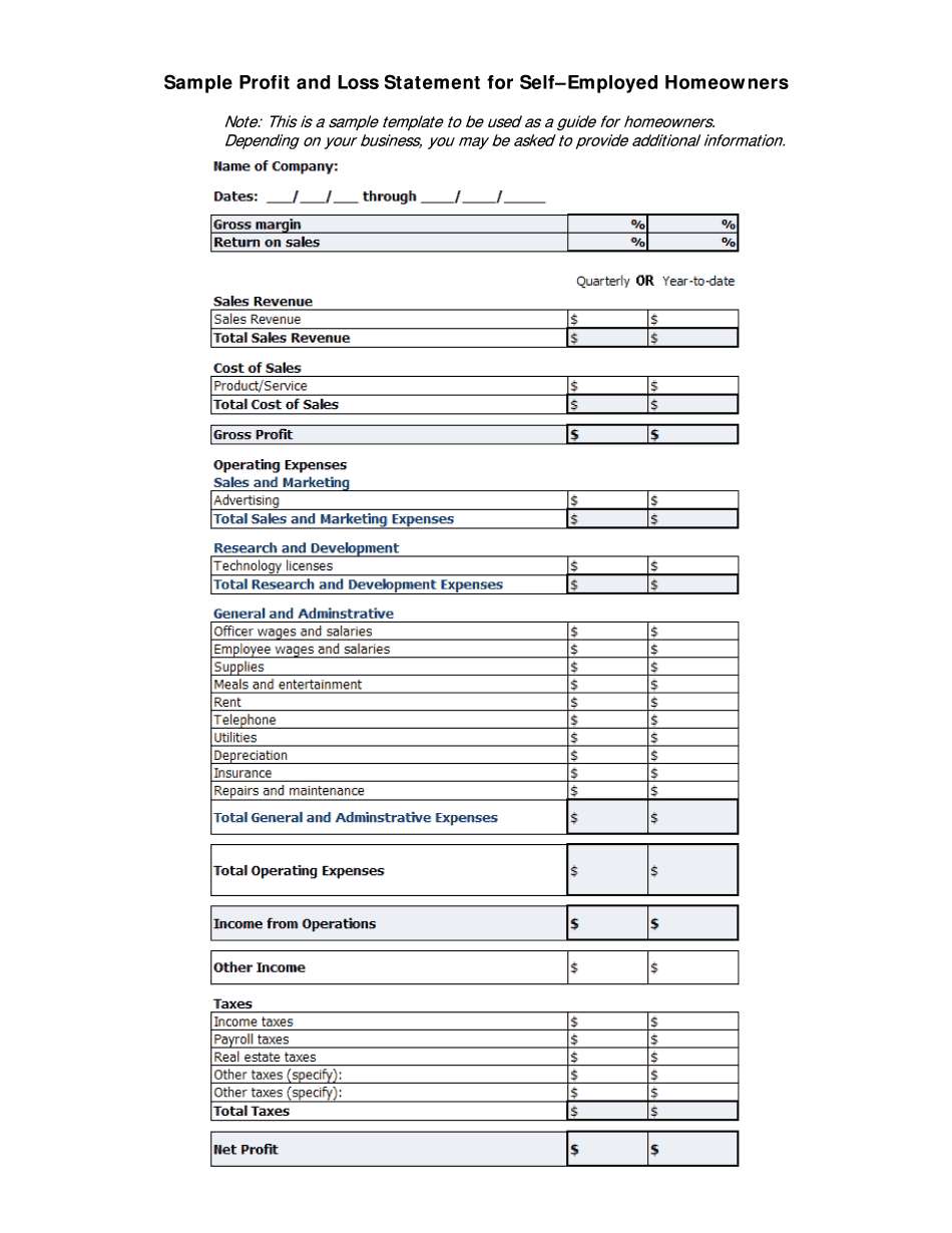 Profit And Loss Template For Self Employed Form
