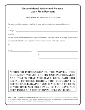 Conditional waiver of lien pdf - unconditional release upon final payment form