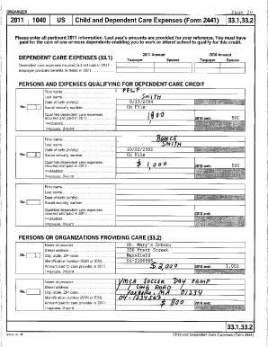 2011 Dependent Care Expenses Form