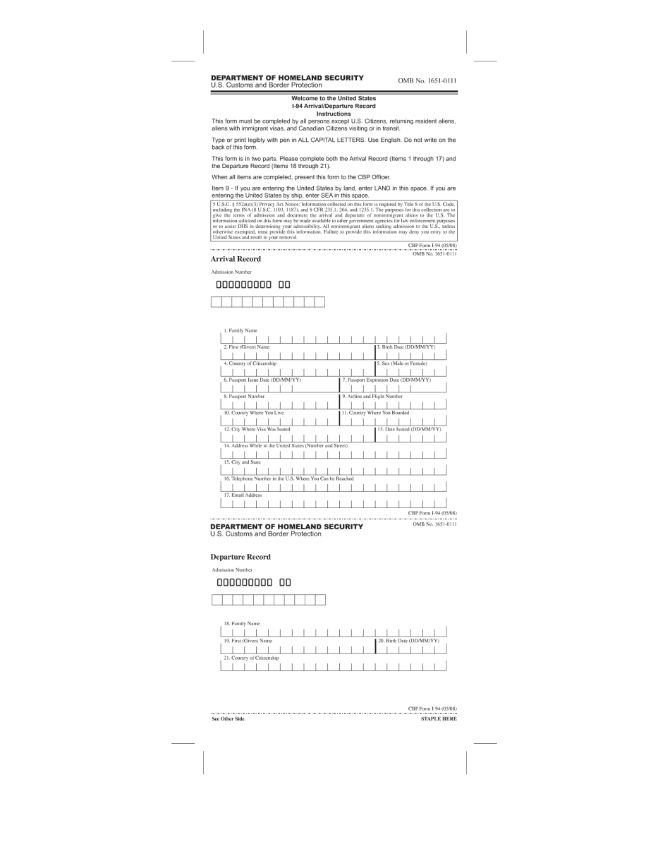 Form I-94, Arrival/departure Record, Information For  - Uscis