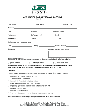 Application for Personal Account Form 103