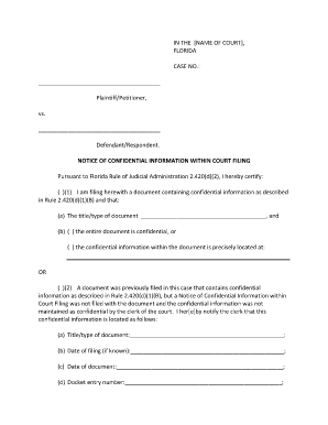 Florida Notice of Confidential Information Within Court Filing