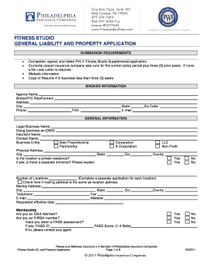 Fitness Studio General Liability and Property Application